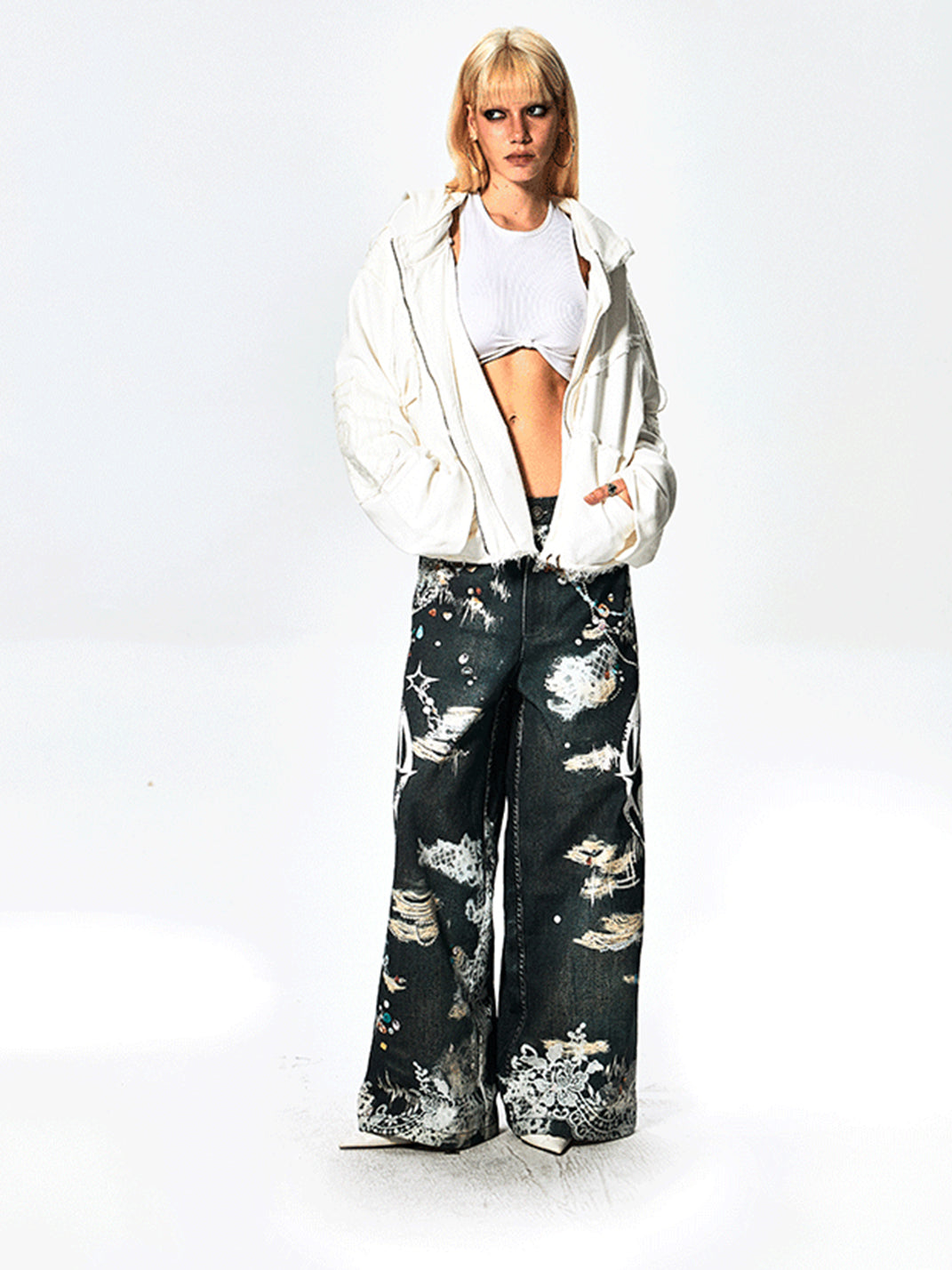 DND4DES | Lace Wide Leg Printed Jeans - PSYLOS 1, DND4DES | Lace Wide Leg Printed Jeans, Jeans, DND4DES•JAPAN, PSYLOS 1
